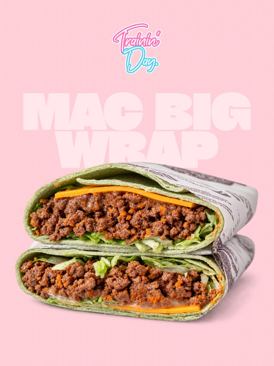 Mac Big Wrap cut in half, beef, cheese and lettuce in a spinach wrap